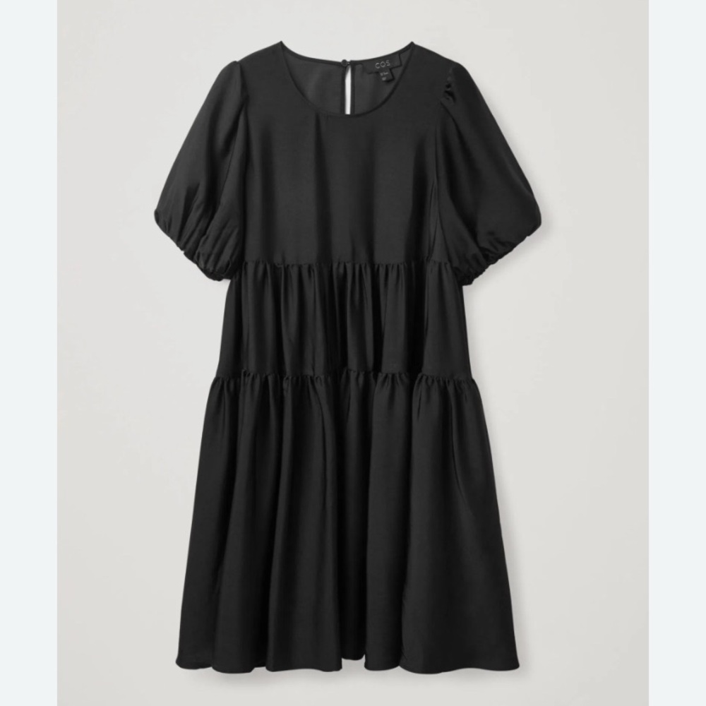 COS Black Satin Tiered with Puff Sleeves Flowy Relaxed Short  Dress 4